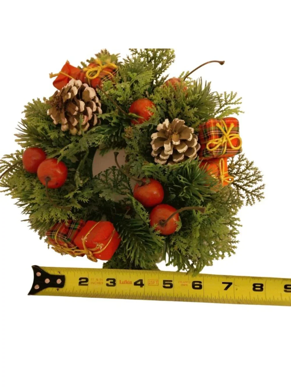 Pillar Candle Ring Green Pine cone Needles Apples Wrapped Gifts